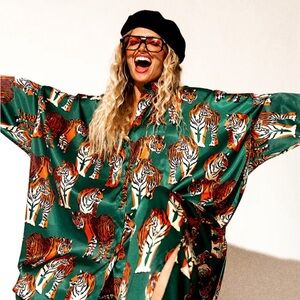 NWOT Dressed in LALA posh satin playsuit in tiger tales